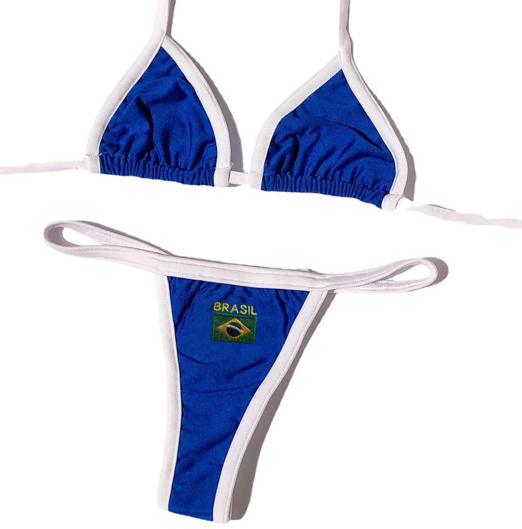 Women's blue T-back bikini top with matching shorts-style bottoms on a neutral background.