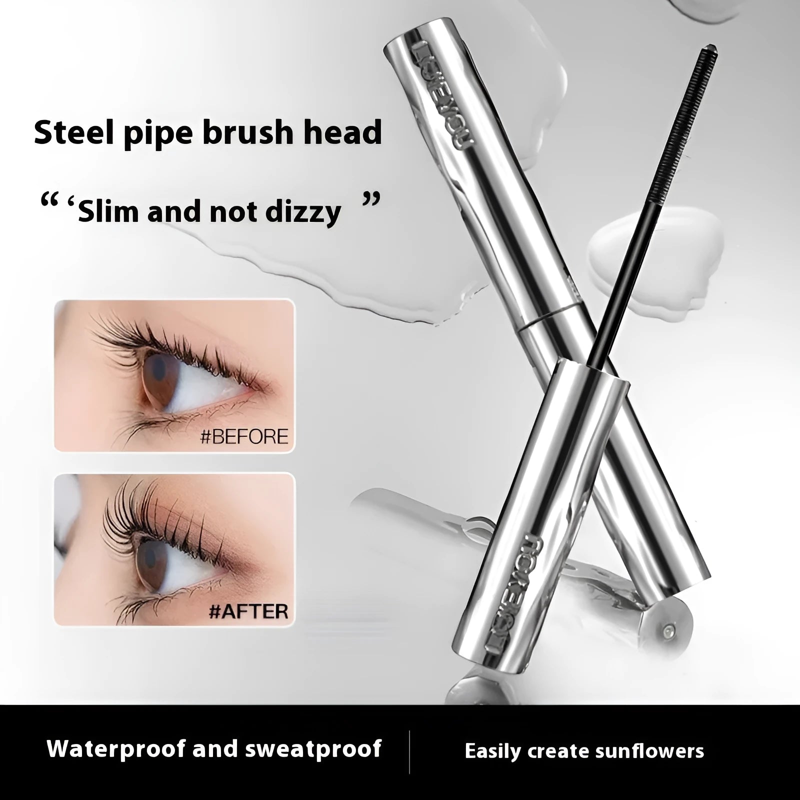 Steel tube waterproof mascara in black and brown colours with optional eyelash curler