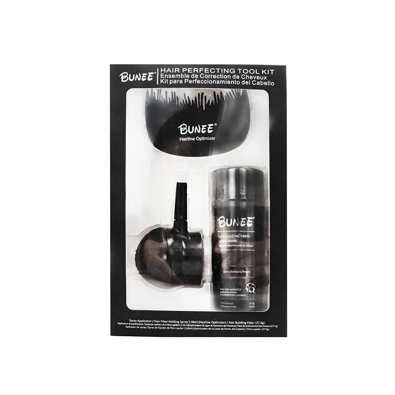 Boxed three-piece dense hair fibre powder set for thinning hair coverage in multiple colour options