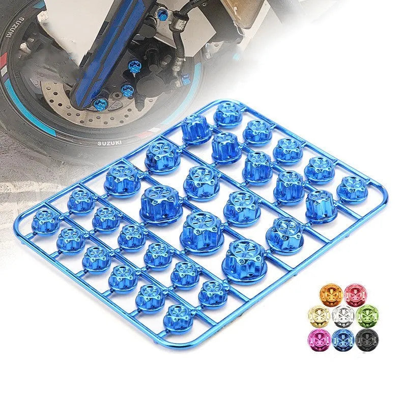30 ABS plastic motorcycle screw caps in eight colours including black, red, gold, blue, silver, green, orange, purple