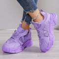 Women's purple mesh platform dad shoes with front lace-up design on a plain background.