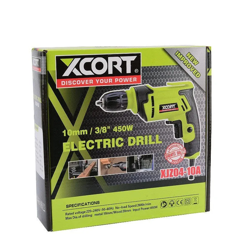 450 watt pistol-grip electric drill with multi-speed control and a 10mm chuck on a workbench.