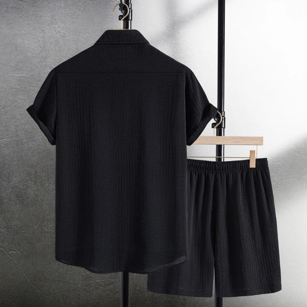 Men's white jacquard cotton blend short sleeve shirt and matching shorts casual two-piece set