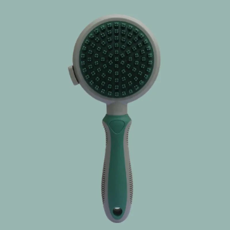 Two-sided silicone cat brush showing retractable slicker side and octopus-teeth massager side