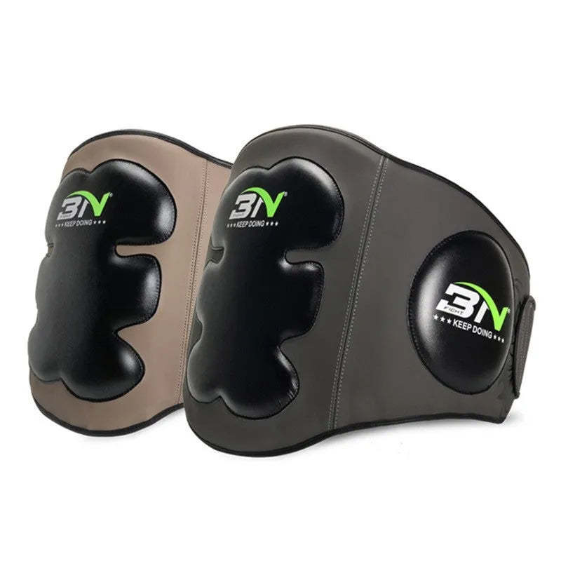 Thickened dark grey Sanda boxing waist protector shown from the front.