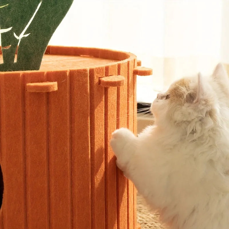 Carrot-shaped cat tunnel in polyester felt with semi-enclosed design and entry holes