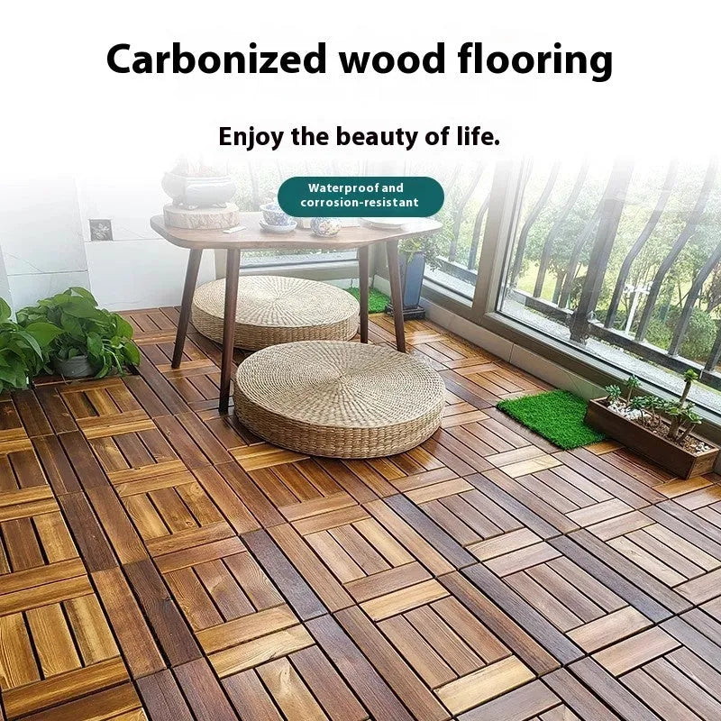 Four 30x30cm camphor pine wood flooring tiles with brushed oil finish
