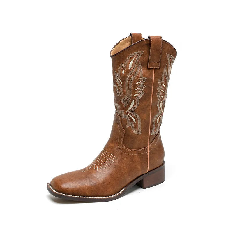 Brown embroidered women's mid-calf Martin boots on a waterproof platform with a square heel.