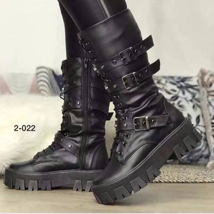 Women's black mid-calf knight boots featuring a metal buckle strap and a side zip closure.