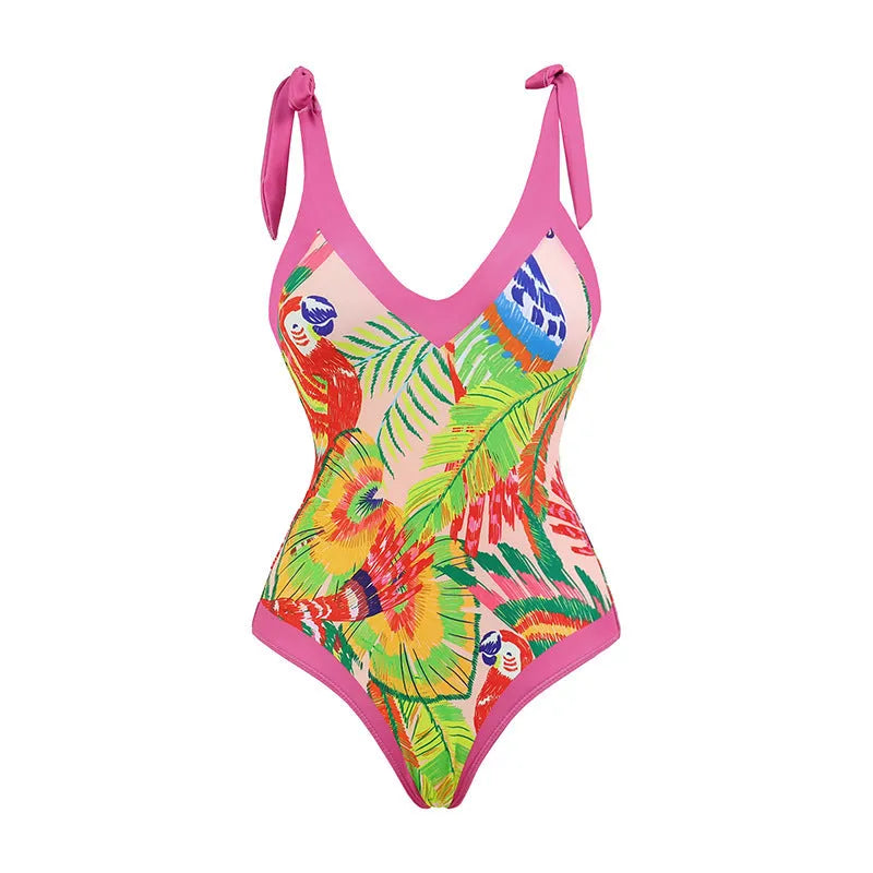 Retro pink floral print one-piece swimsuit with V-neck, covered belly, and thin skirt