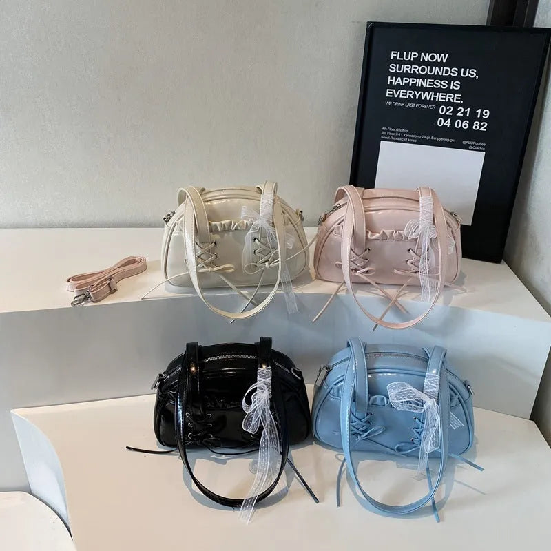 Women's PU bandage bow handbag in milky white with shoulder strap and sewing thread detailing