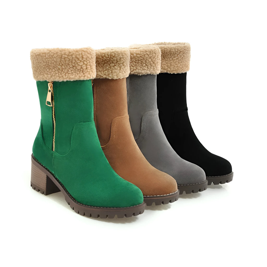 Snow boots with rubber soles and plush lining in black, grey, green, or orange colours