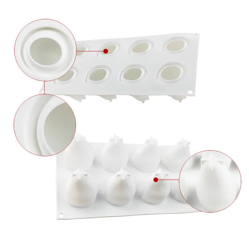 Silicone baking mould with six pineapple and pine cone shaped cavities for desserts