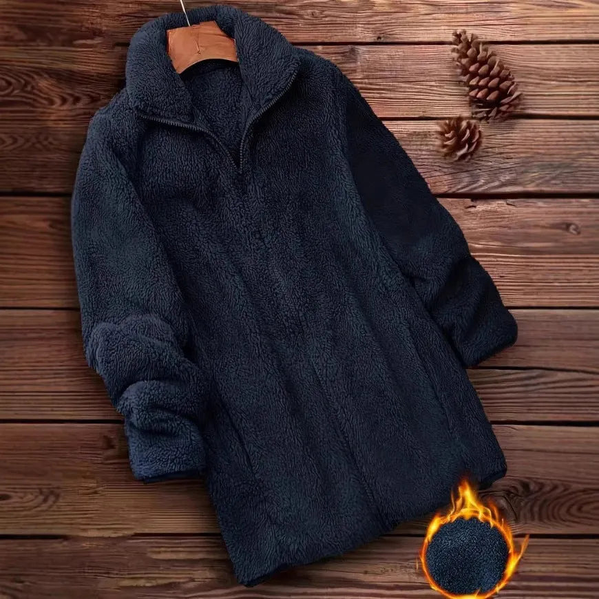 Double-sided fleece jacket in black, navy blue, or khaki colour on a hanger.