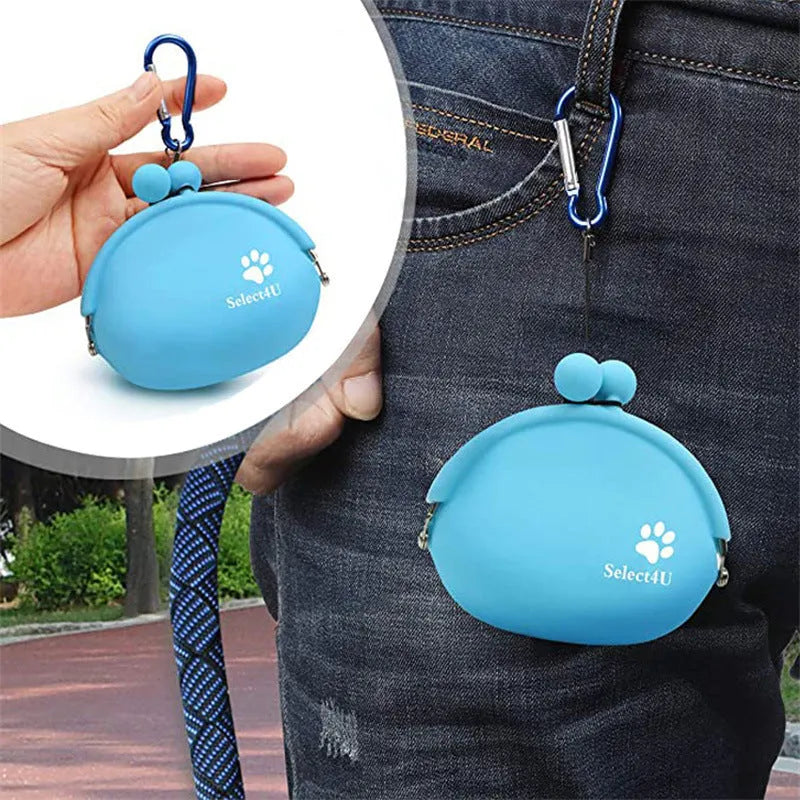 Yellow silicone dog training treat bag with waist belt measuring 9cm by 9.5cm