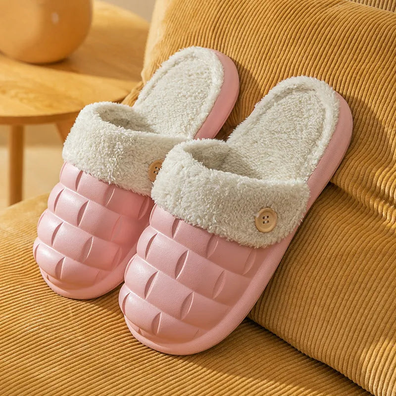 Plaid detachable EVA slippers with plush lining, shown in pink, with a round toe and flat sole.