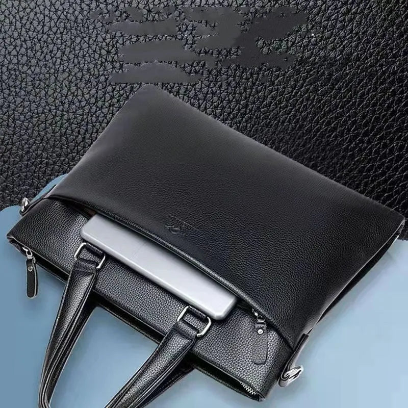 Men's black PU leather business messenger bag with shoulder strap showing spliced panel design.