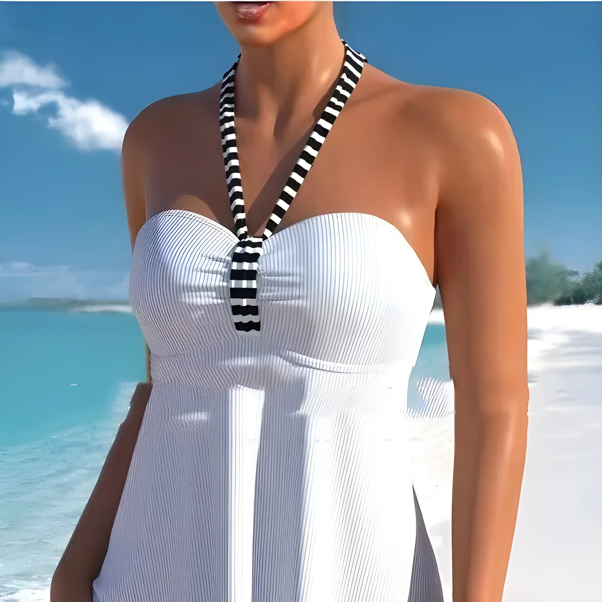 Women's off-shoulder swimsuit with striped pattern in solid colour with polyester lining
