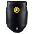One-piece boxing chest protector in red, blue, or black, made from PU leather.