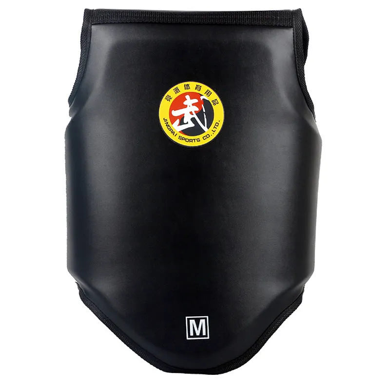 One-piece boxing chest protector in red, blue, or black, made from PU leather.