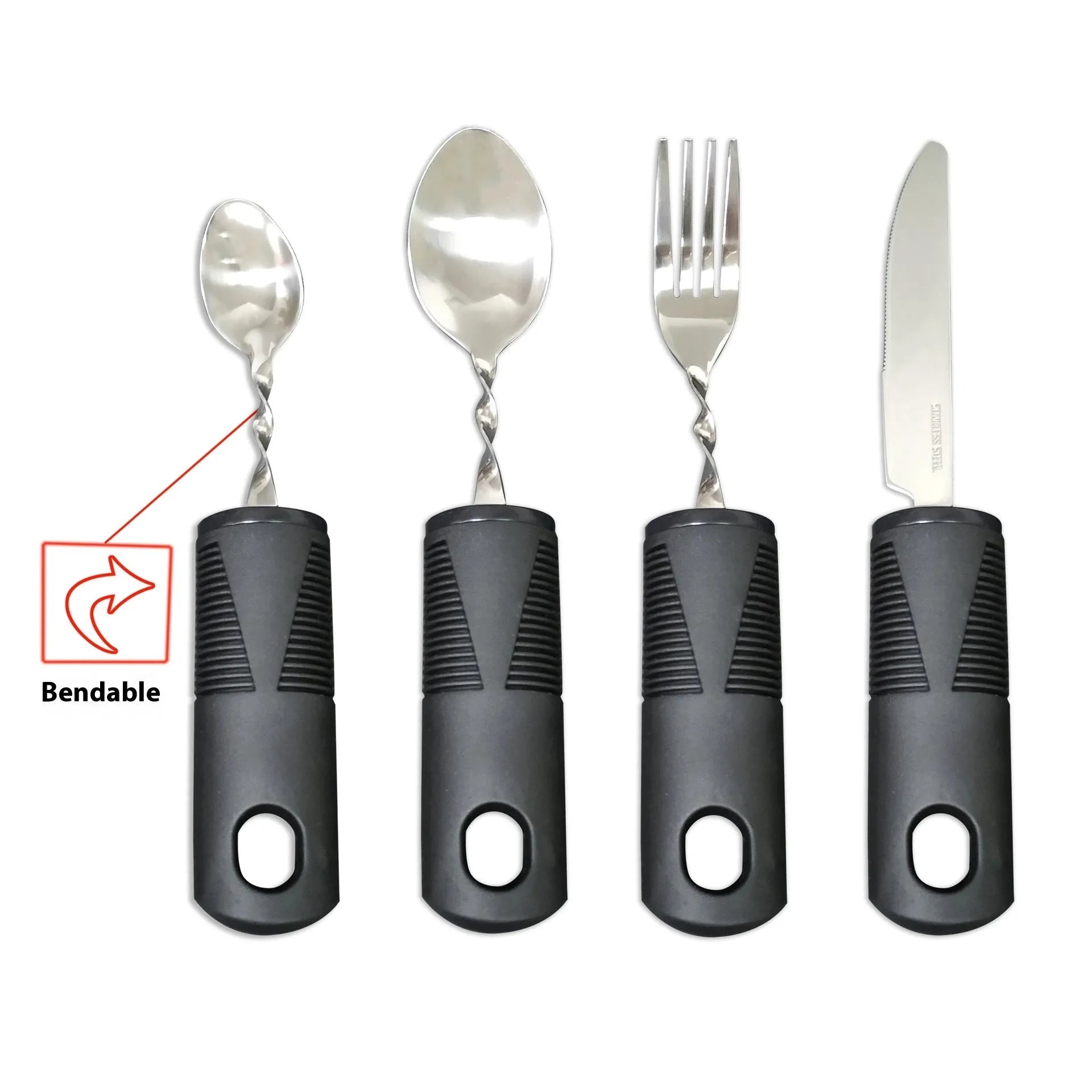 Stainless steel adaptive spoon and spork set with black rubber handle on a table.