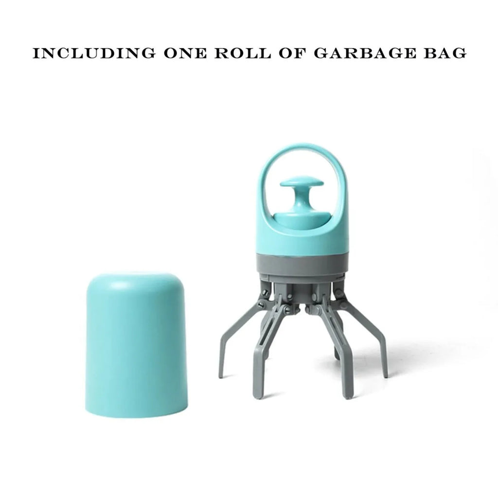 Blue and orange plastic claw-style pet pooper scooper with a roll of waste bags.