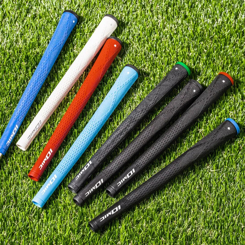TPE non-slip golf grip in assorted colours including pink, red, blue, white, and black combinations.