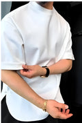 Men's white heavyweight cotton T-shirt with four-button placket detail and round hem.