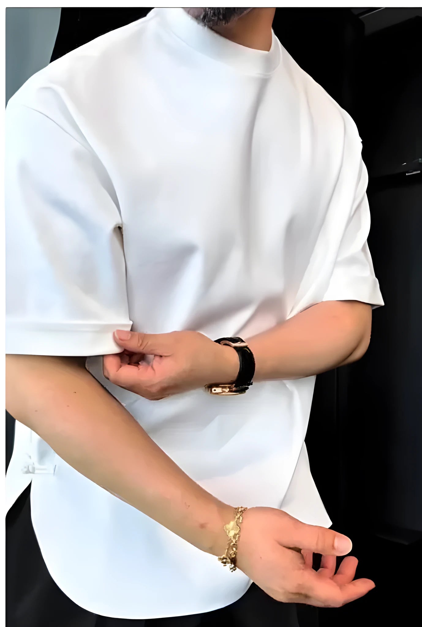 Men's white heavyweight cotton T-shirt with four-button placket detail and round hem.