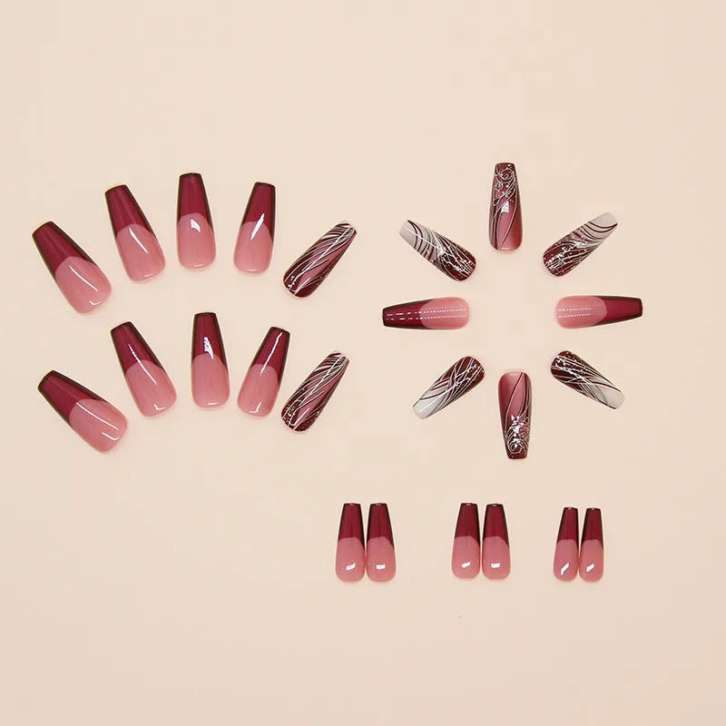 French line pattern removable fake nail stickers with 24 patches and adhesive glue