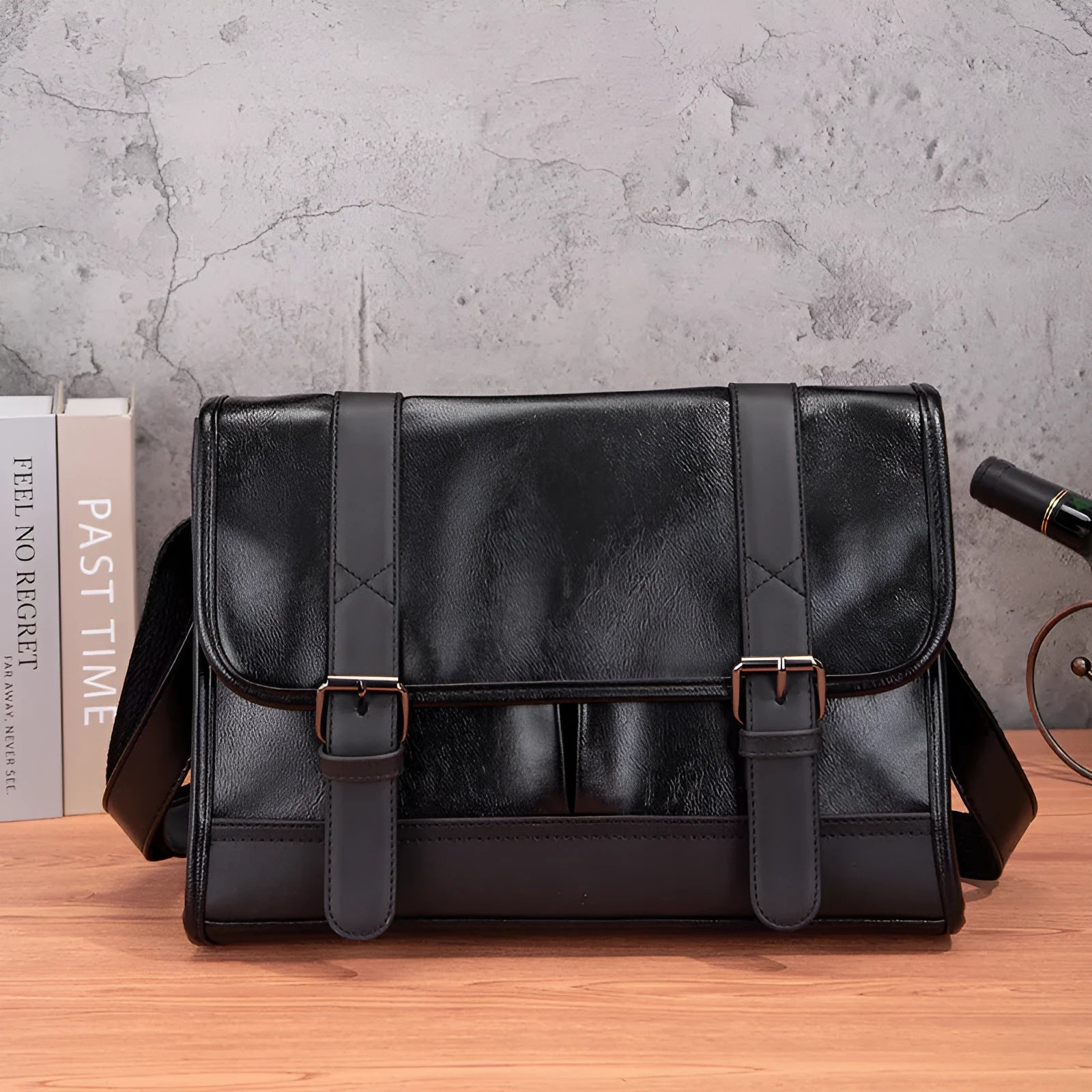 Black Korean-style men's backpack with anti-theft feature and visible stitching detail