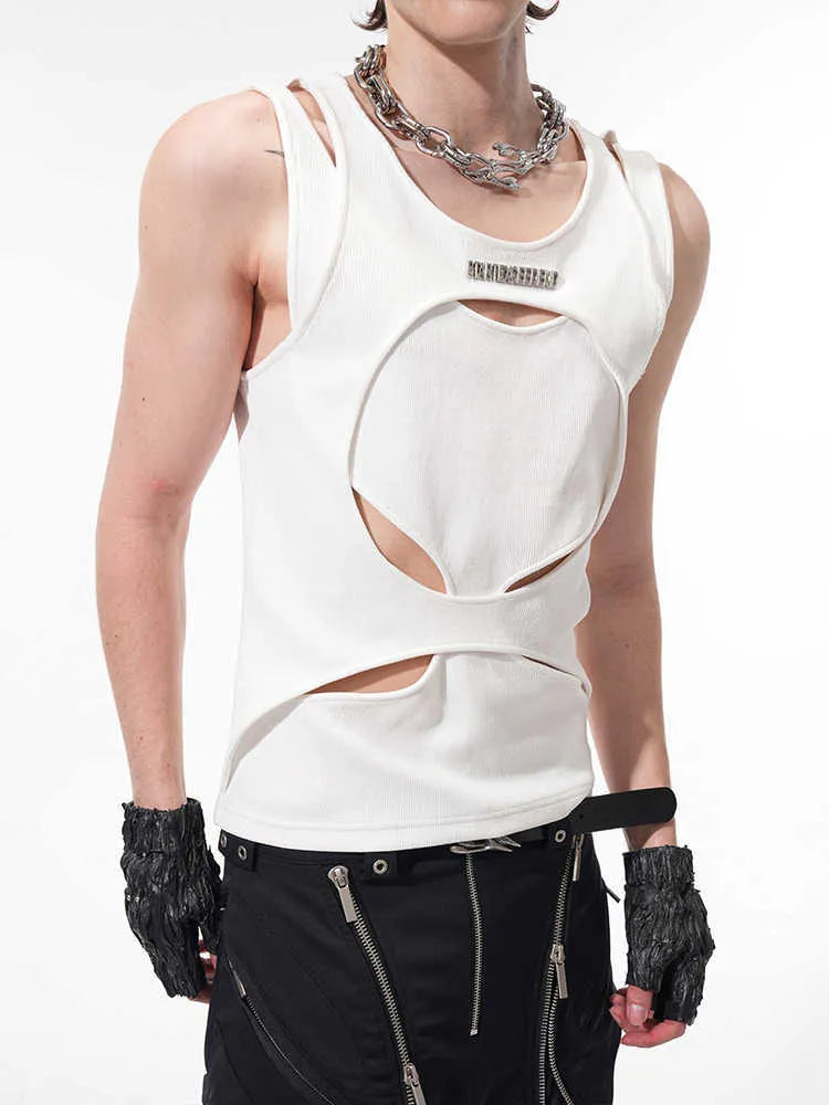 Men's loose fit sleeveless waistcoat in hollow white thread construction