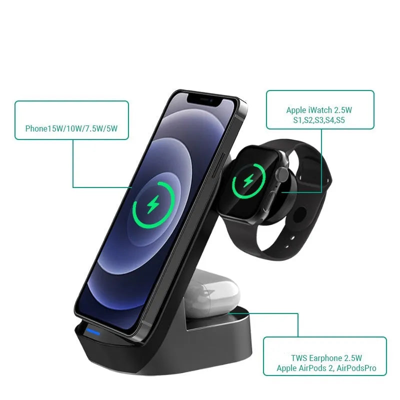 Black grey foldable 3-in-1 wireless charger vertical stand showing phone, watch and headphone charging areas