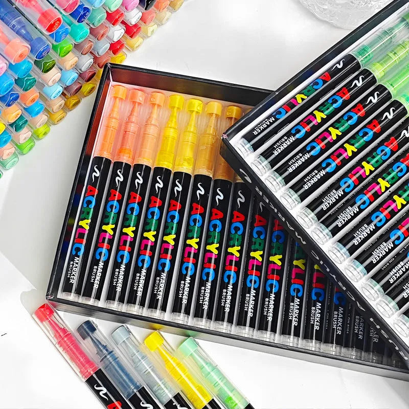Straight liquid acrylic marker pens with soft head tips in multiple colour set configurations for painting