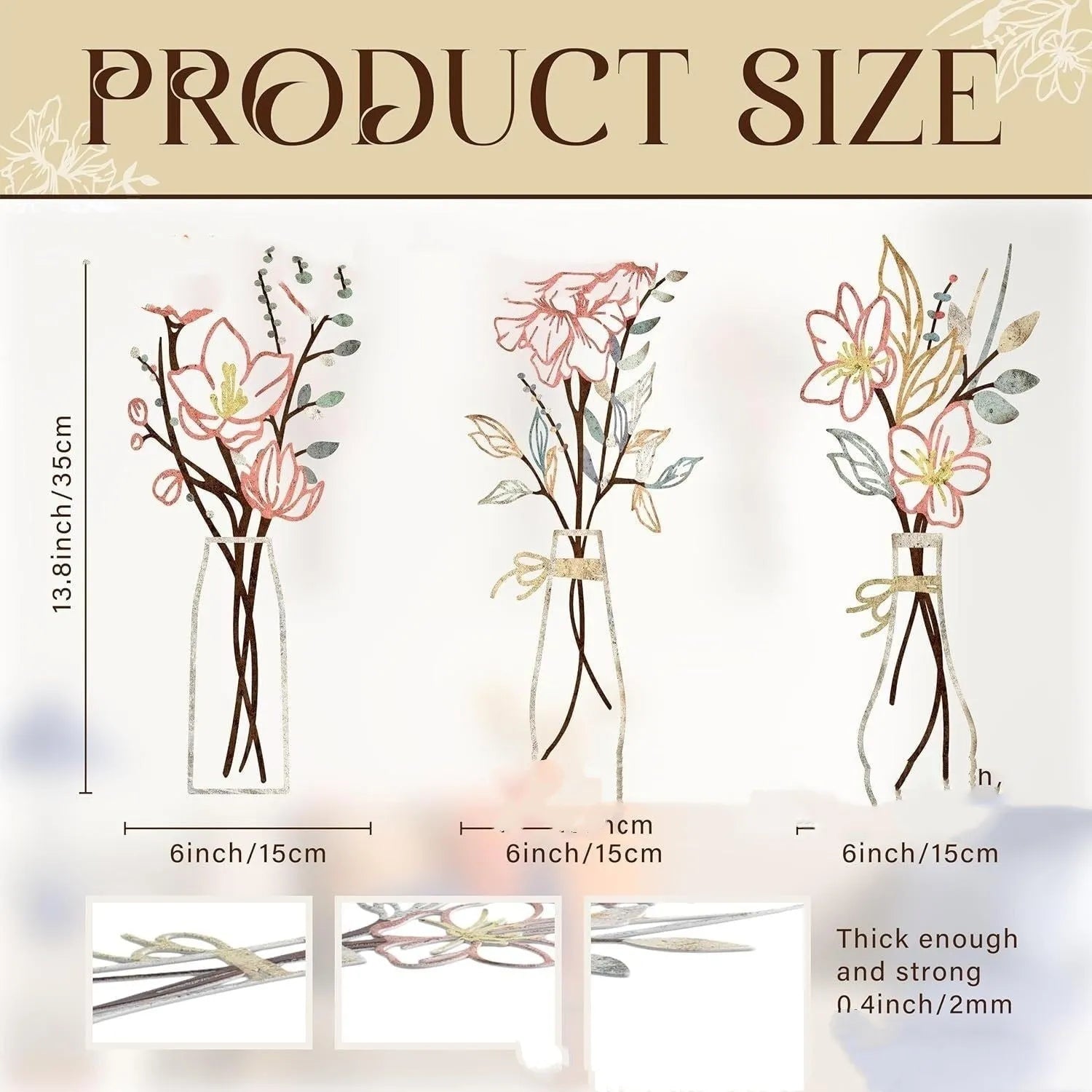 Three-piece metal flowers wall art set in modern farmhouse style with alloy construction