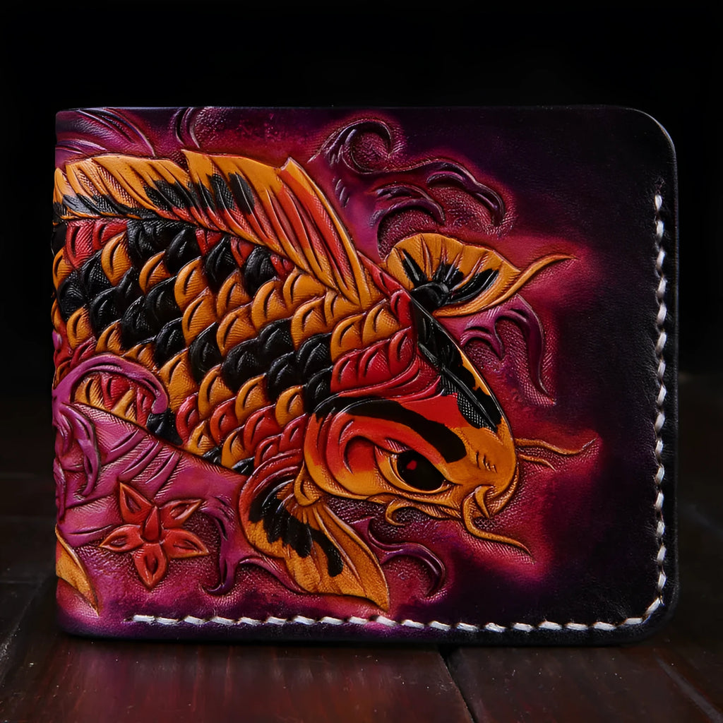 Handcrafted red cow leather men's short wallet with open closure, shown next to a blue and gold version.