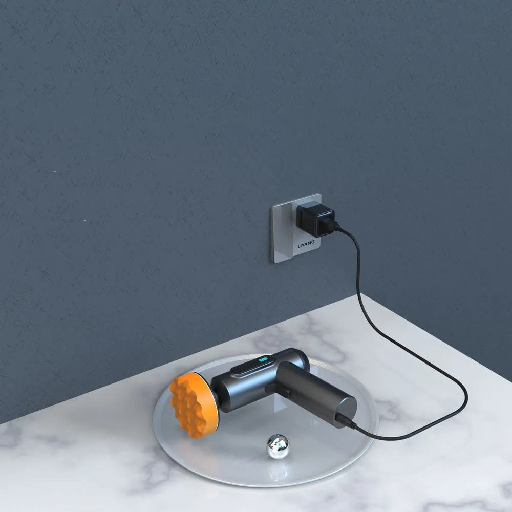 Cordless electric waxing and polishing machine with lithium battery on a workbench.