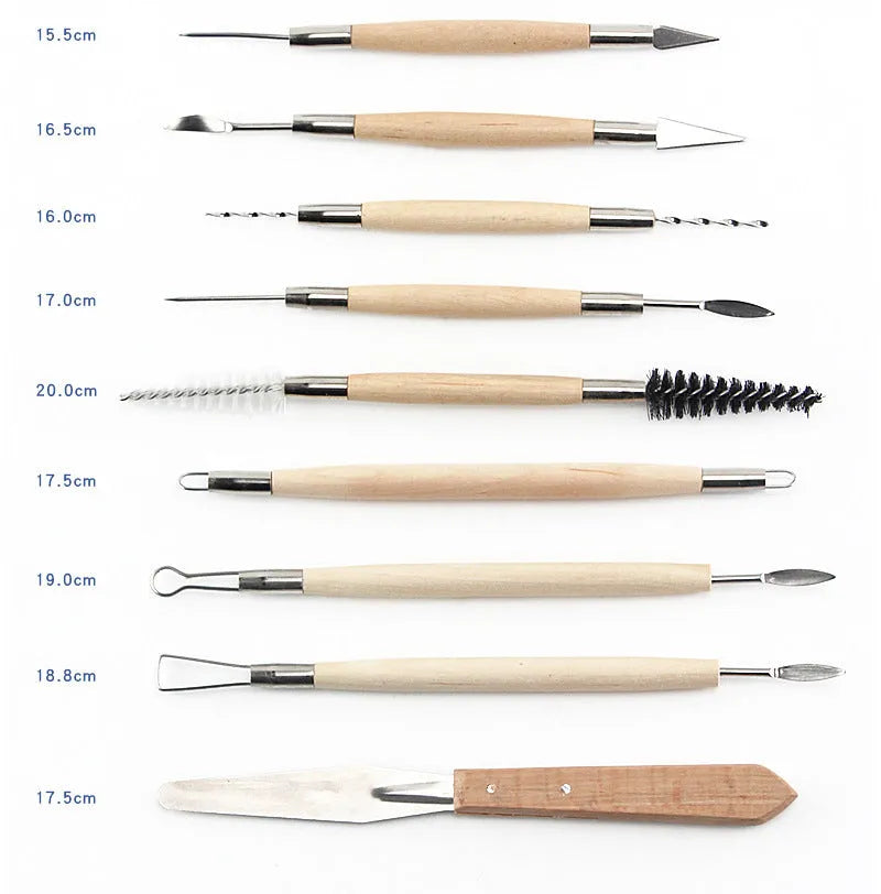 27-piece pottery clay tool set with stainless steel, wooden, and plastic tools rolled in a protective case.