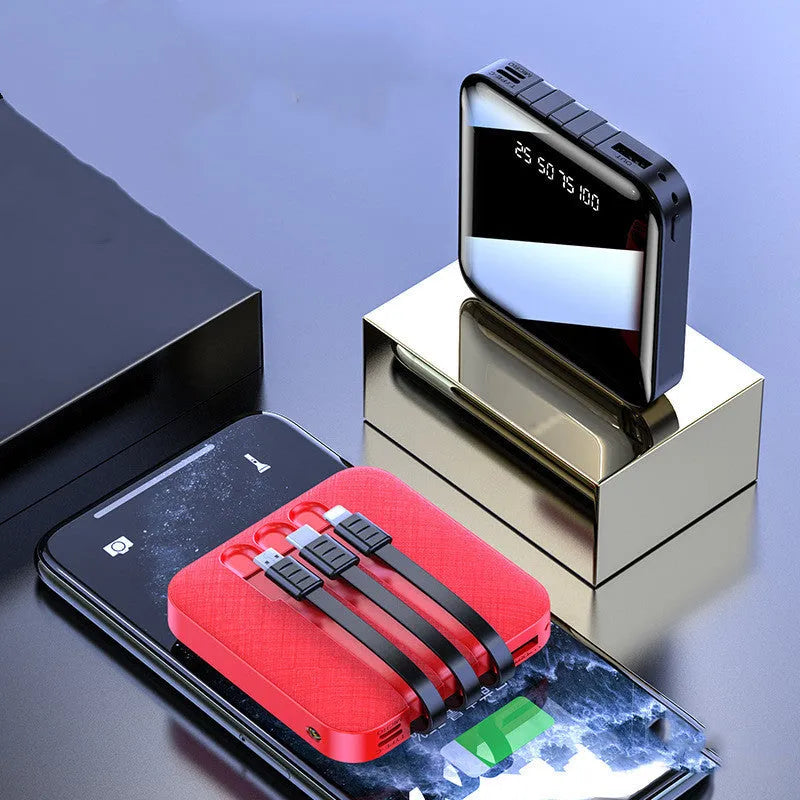 Black square power bank with a built-in USB charging cable, showing 80mm width.