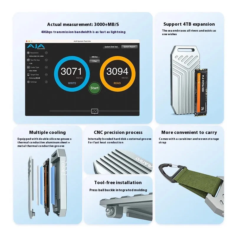 Silver aluminium Thunderbolt 4 external SSD enclosure for M.2 NVMe drives, showing compact size.