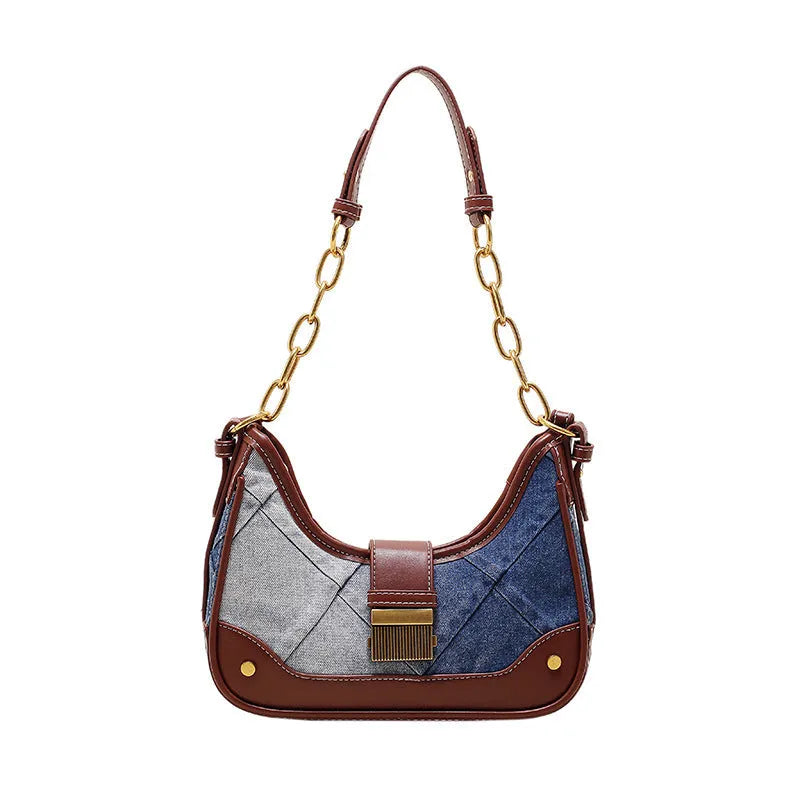 Women's brown denim bucket shoulder bag with diamond chain mesh and double strap