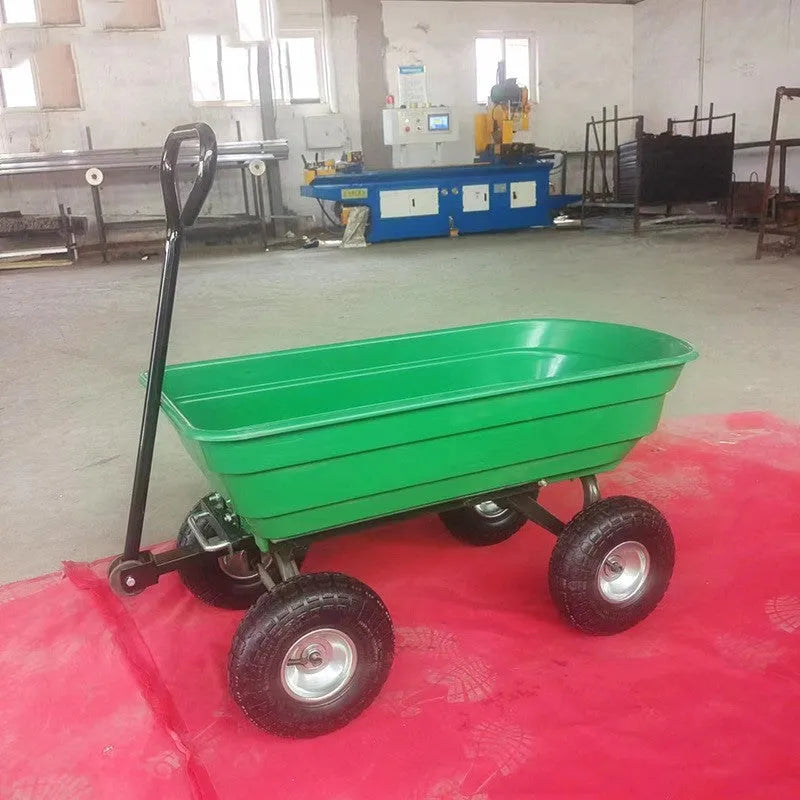 Green four-wheel plastic dump truck with steel frame and 940 mm length