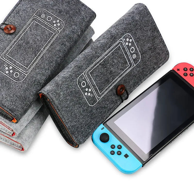 Black felt Nintendo Switch pouch case with game card slots and double layer storage compartments