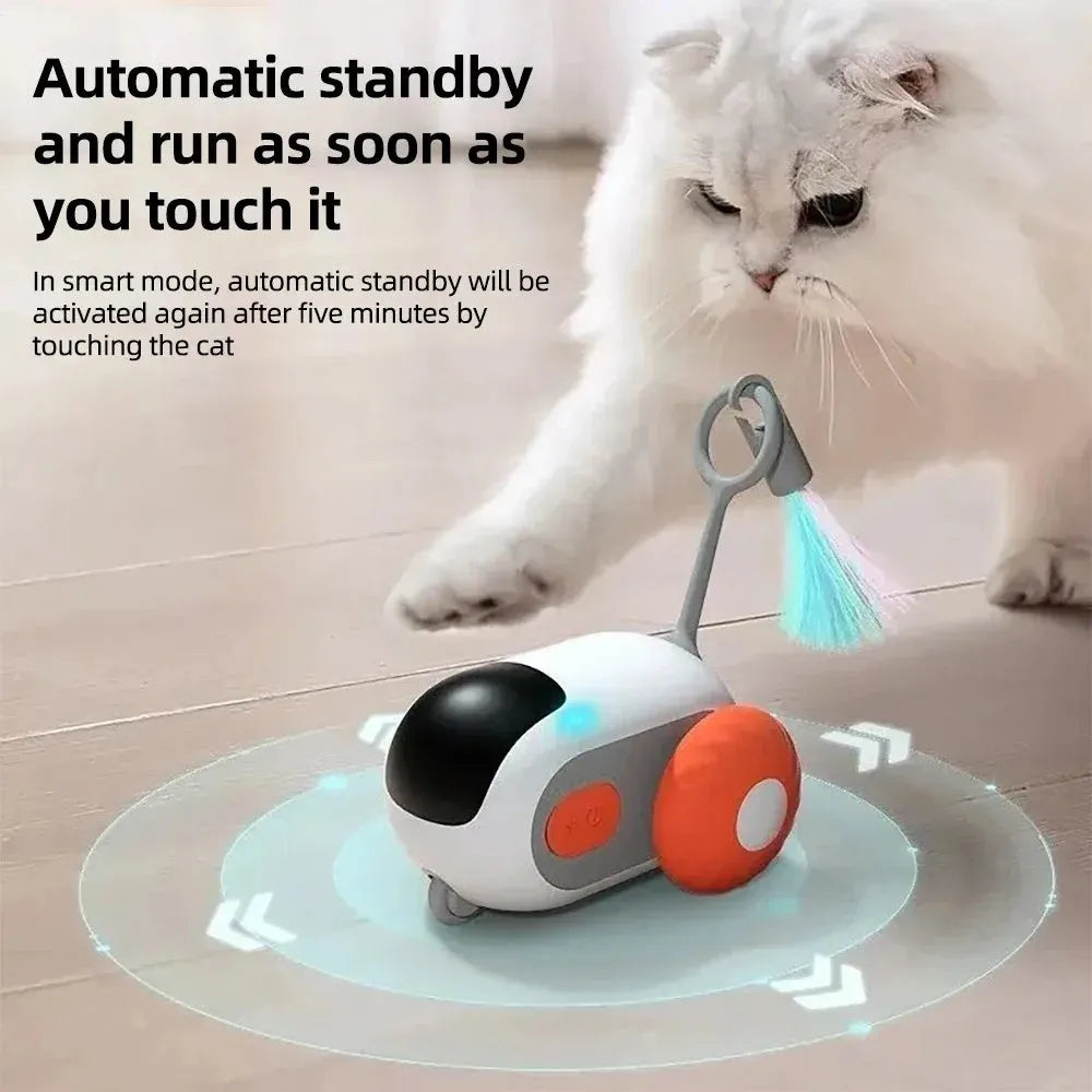 Blue and orange smart cat toy car with remote control and feather teaser attachment