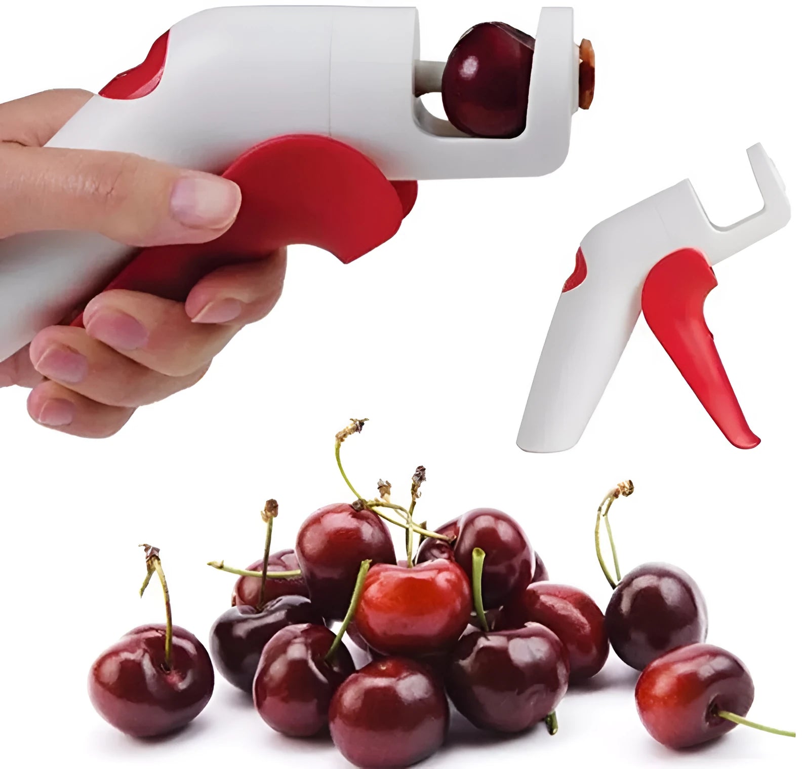 Stainless steel cherry kernel remover pitter tool on a kitchen worktop