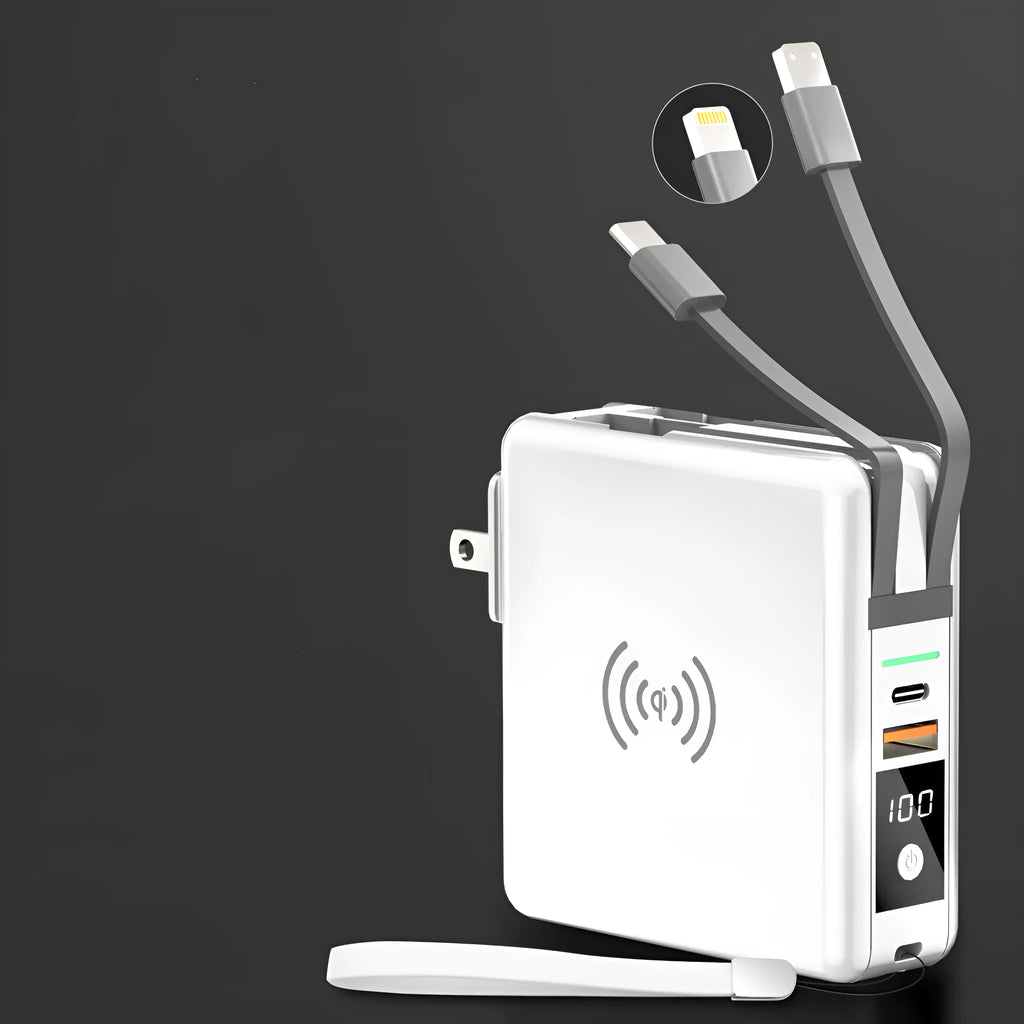 Black and white Super QI wireless charging power bank with built-in plug and international adapters.