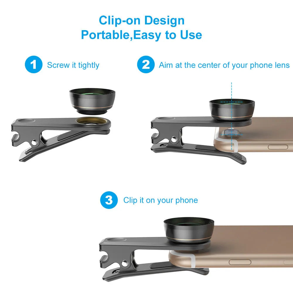 Black 6 in 1 smartphone camera lens kit with fisheye, macro, wide angle, telephoto, CPL and star filter lenses on a universal clip.