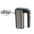 Silver handheld electric mini whisk with stainless steel beaters and five-speed control dial.