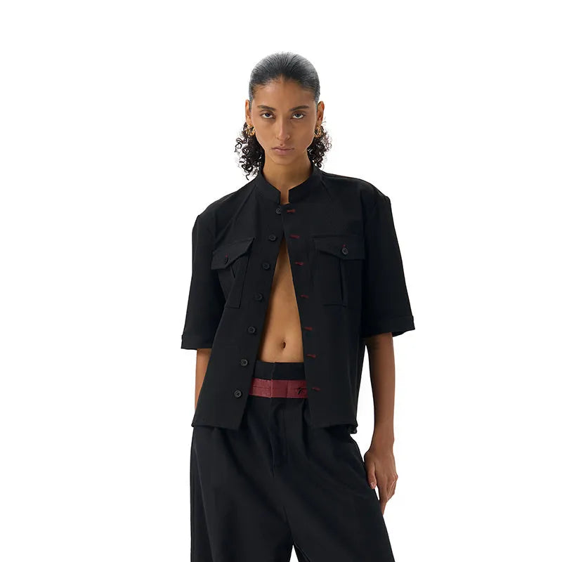 Handmade black Red Eye hunting half sleeve shirt with a loose fit and shirt collar.