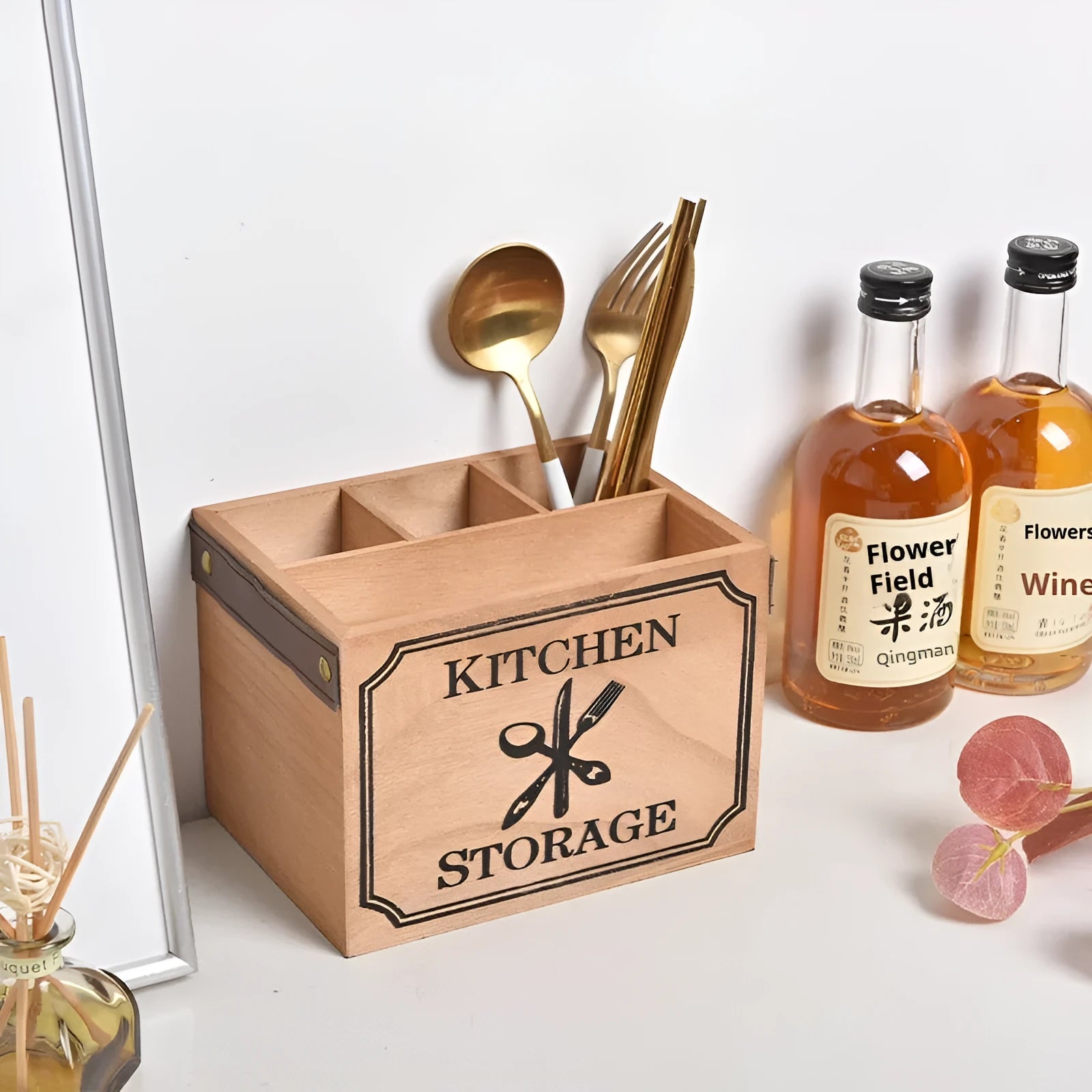 Wooden kitchen storage box for cutlery and chopsticks with internal divider grid